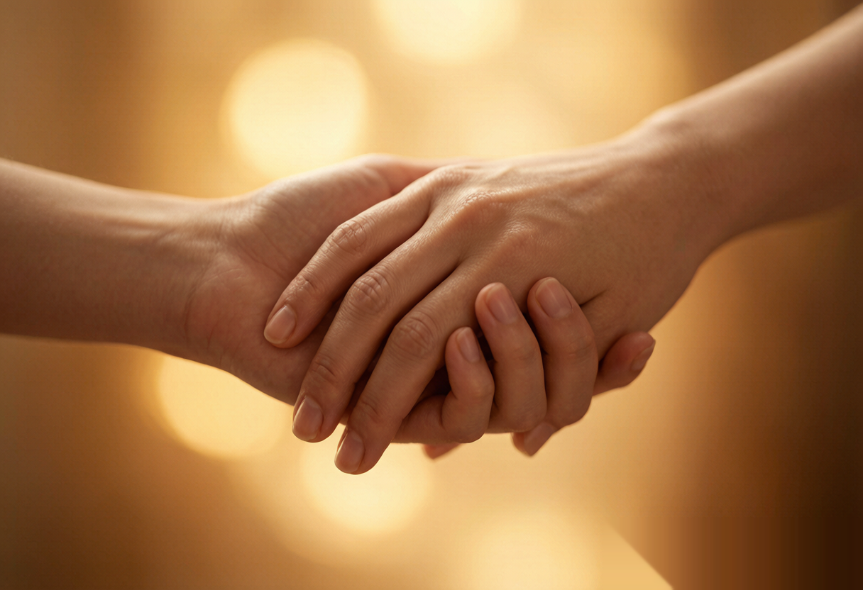 Two hands gently intertwined